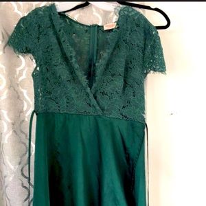 Emerald green satin lace wrap skirt dress
